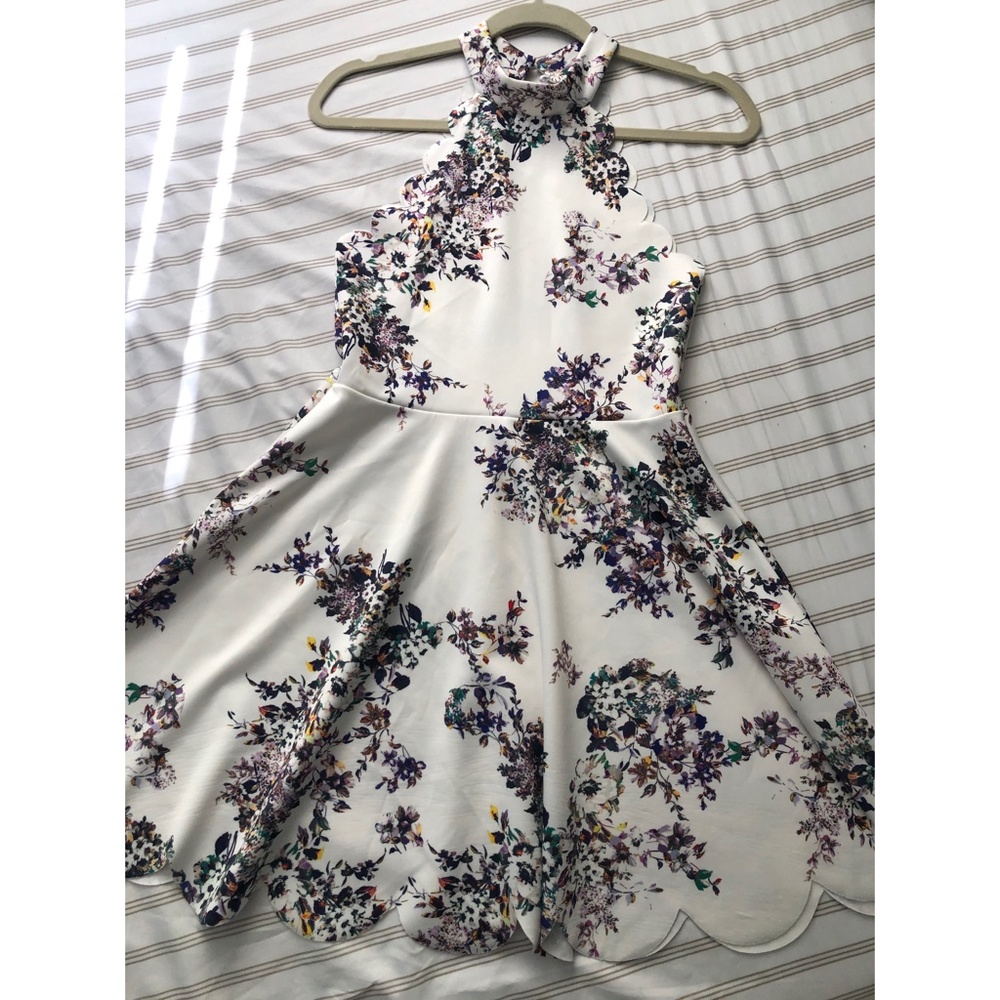 Spring High Neck Floral A-Line Scallop Dress